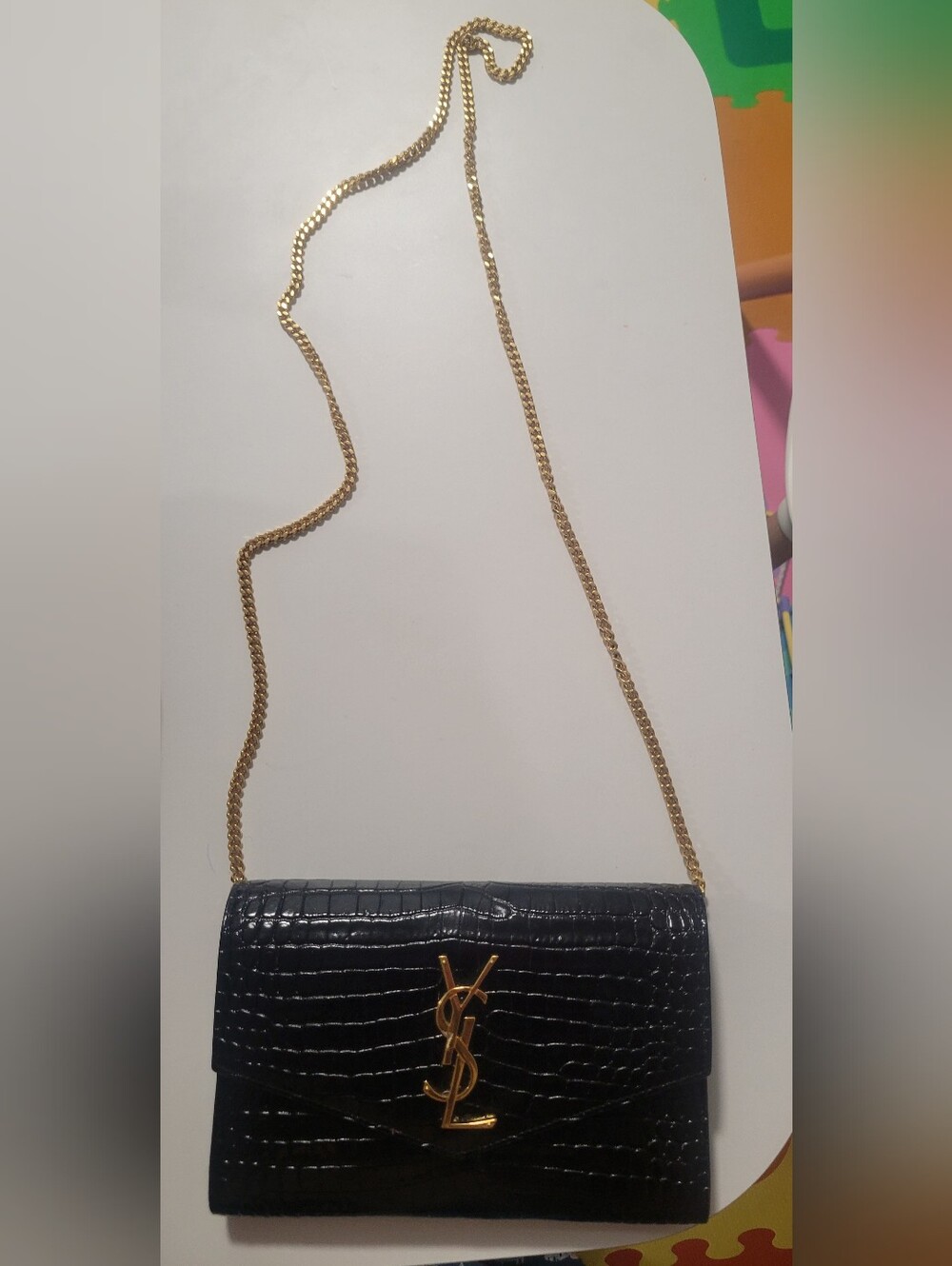 Saint Laurent Black Croc-Embossed Leather Chain Crossbody with Gold Hardware